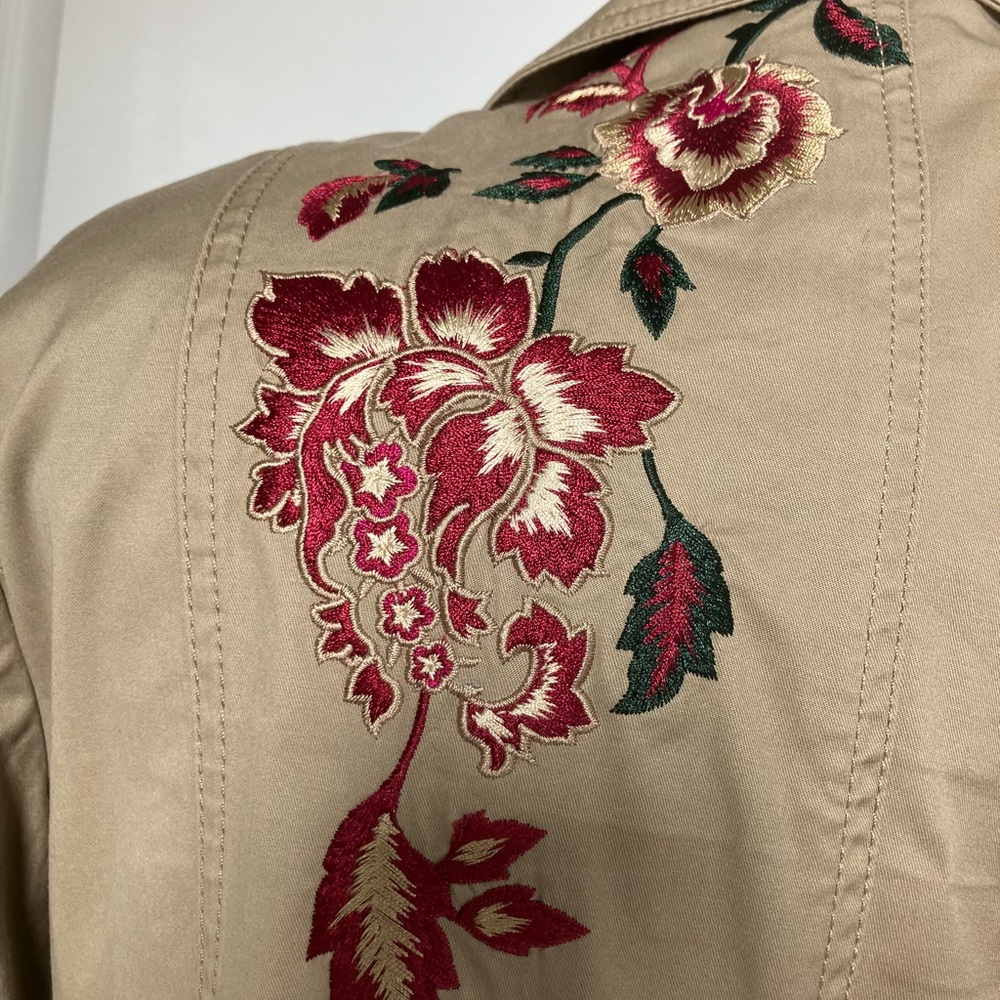 White House Black Market Beige Trench Coat with Red Embroidery - Picture 3 of 5